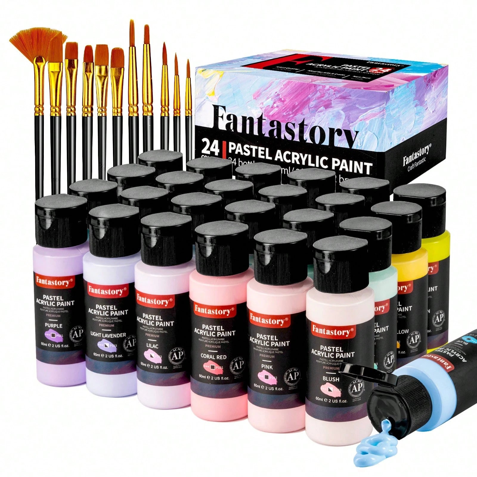 Fantastory Pastel Acrylic Paint Set+12 Brushes, 24 X 2oz Pastel Colors Art Craft Paint For Artists, Halloween Decorations, Canvas Ceramic Wood Rock Painting Supplies Kit