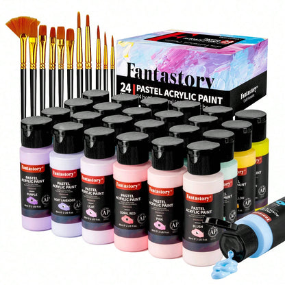 Fantastory Pastel Acrylic Paint Set+12 Brushes, 24 X 2oz Pastel Colors Art Craft Paint For Artists, Halloween Decorations, Canvas Ceramic Wood Rock Painting Supplies Kit