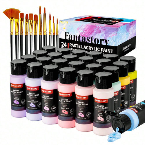 Fantastory Pastel Acrylic Paint Set+12 Brushes, 24 X 2oz Pastel Colors Art Craft Paint For Artists, Halloween Decorations, Canvas Ceramic Wood Rock Painting Supplies Kit