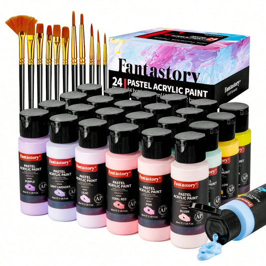 Fantastory Pastel Acrylic Paint Set+12 Brushes, 24 X 2oz Pastel Colors Art Craft Paint For Artists, Halloween Decorations, Canvas Ceramic Wood Rock Painting Supplies Kit