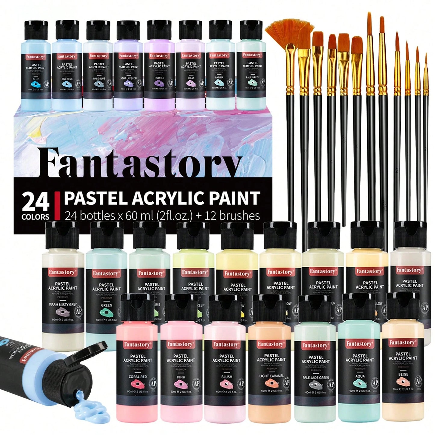 Fantastory Pastel Acrylic Paint Set+12 Brushes, 24 X 2oz Pastel Colors Art Craft Paint For Artists, Halloween Decorations, Canvas Ceramic Wood Rock Painting Supplies Kit