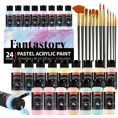 Fantastory Pastel Acrylic Paint Set+12 Brushes, 24 X 2oz Pastel Colors Art Craft Paint For Artists, Halloween Decorations, Canvas Ceramic Wood Rock Painting Supplies Kit