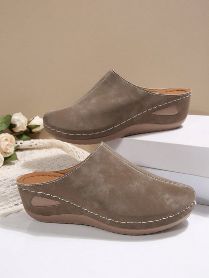 Fashion Women's New Wedge Heel Thick Sole Closed Toe Mule Slippers, Lightweight Comfortable Soft Bottom Slides For Home And Walking, Spring And Autumn