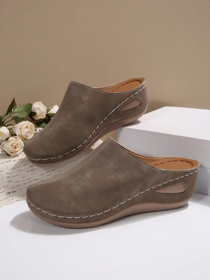 Fashion Women's New Wedge Heel Thick Sole Closed Toe Mule Slippers, Lightweight Comfortable Soft Bottom Slides For Home And Walking, Spring And Autumn