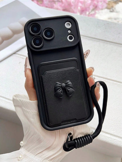 Fashionable Elegant Minimalist Practical Convenient Bow Card Holder Tiered Diamond Sand Phone Case With Lanyard Anti-Slip Anti-Drop Durable Wear-Resistant Protective Shell Compatible With Apple 17/17P