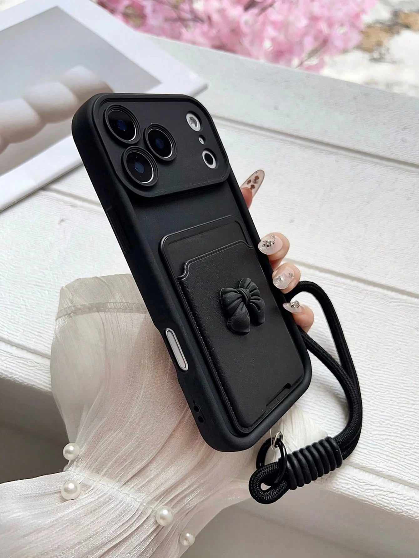 Fashionable Elegant Minimalist Practical Convenient Bow Card Holder Tiered Diamond Sand Phone Case With Lanyard Anti-Slip Anti-Drop Durable Wear-Resistant Protective Shell Compatible With Apple 17/17P