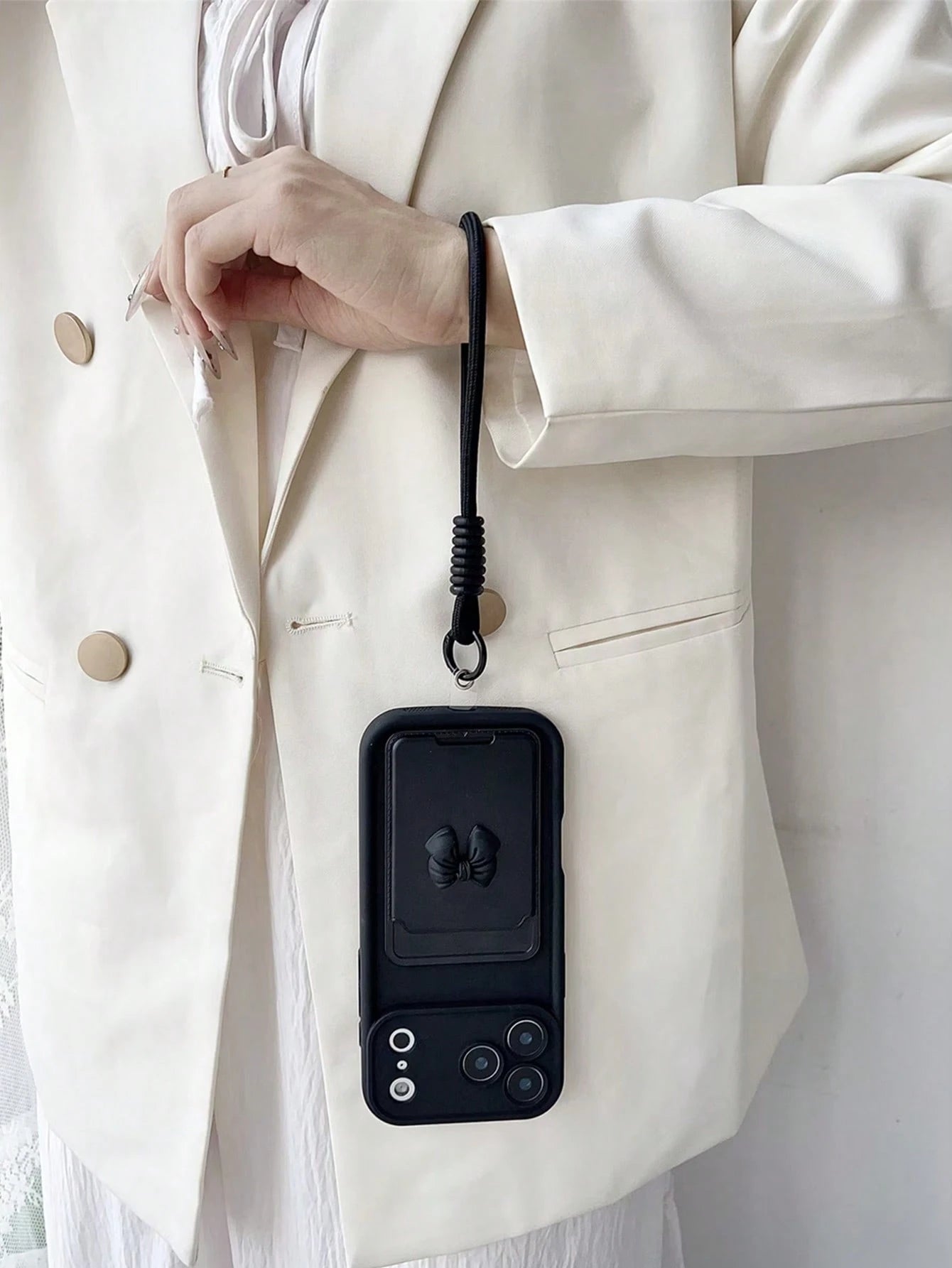 Fashionable Elegant Minimalist Practical Convenient Bow Card Holder Tiered Diamond Sand Phone Case With Lanyard Anti-Slip Anti-Drop Durable Wear-Resistant Protective Shell Compatible With Apple 17/17P