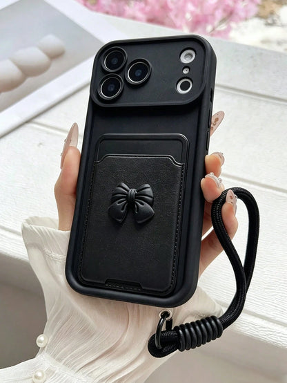 Fashionable Elegant Minimalist Practical Convenient Bow Card Holder Tiered Diamond Sand Phone Case With Lanyard Anti-Slip Anti-Drop Durable Wear-Resistant Protective Shell Compatible With Apple 17/17P