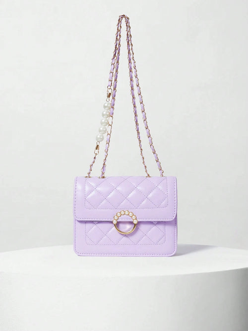 Fashionable Embroidery Thread Small Square Bag With Pearl Chain Strap, Mini Flap Shoulder & Crossbody Bag For Women Winter Gifts