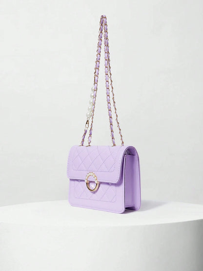Fashionable Embroidery Thread Small Square Bag With Pearl Chain Strap, Mini Flap Shoulder & Crossbody Bag For Women Winter Gifts