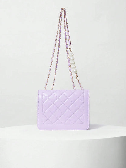 Fashionable Embroidery Thread Small Square Bag With Pearl Chain Strap, Mini Flap Shoulder & Crossbody Bag For Women Winter Gifts