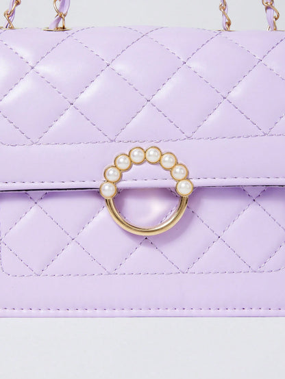 Fashionable Embroidery Thread Small Square Bag With Pearl Chain Strap, Mini Flap Shoulder & Crossbody Bag For Women Winter Gifts