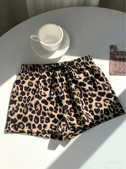 Fashionable Leopard Animal Print Women's Summer Shorts, High Waist Drawstring Casual Beach Pants, Y2K Cute Nightclub Outfit Sports