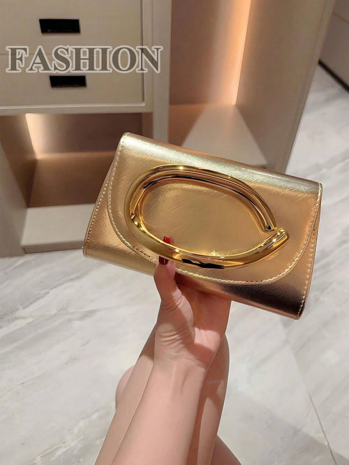 Fashionable Metal Decor Mini Box Clutch Bag, Elegant Shiny Metal Bar Accent Women's Handbag, Luxury Feel For Evening Dress, Party, Wedding, Prom