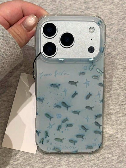Fashionable Swirl Blue Fish Phone Case Compatible With IPhone 17 Pro Max, 17 Pro, 17, 16, 15, 14, 13, 12 Pro Max, 11, Laser Anti-Drop Protective Cover
