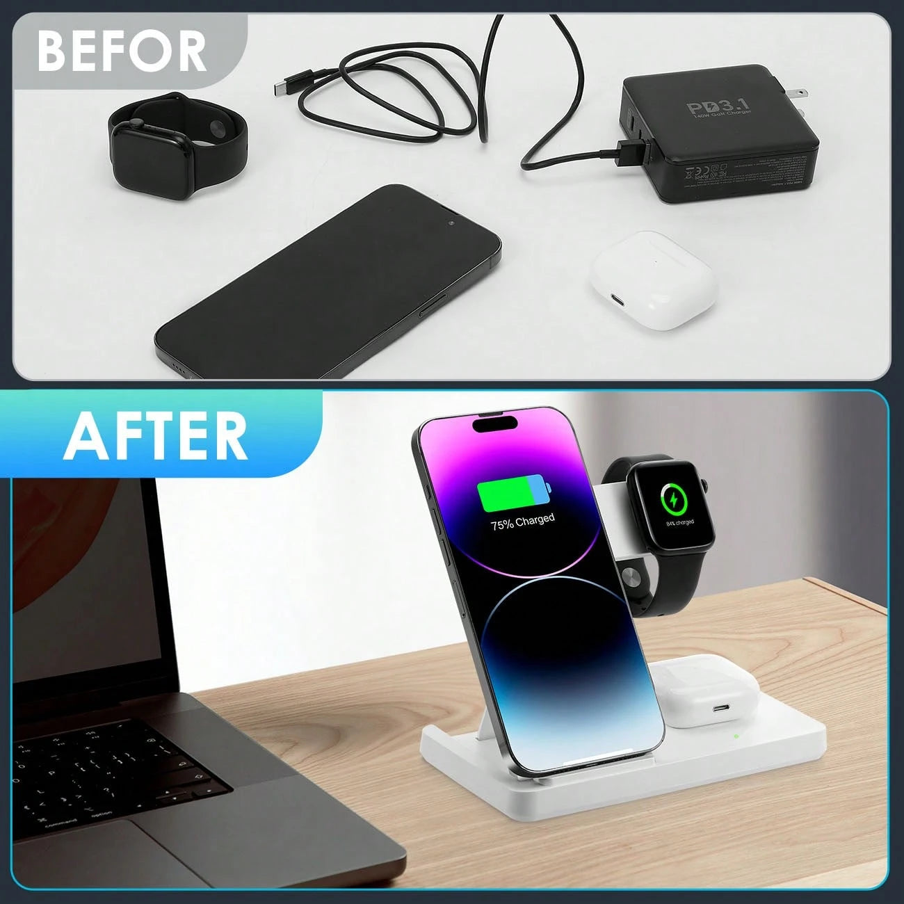 Fast Charging 3-In-1 Wireless Charging Stand, 15W Wireless Charger 3-In-1 Wireless Charging Stand, Fast Charging Dock Compatible With IPhone 17/16/15/14/13/12/11/Pro/Max/XS/XR/X/8/Plus, 11/10/9/8/7/6