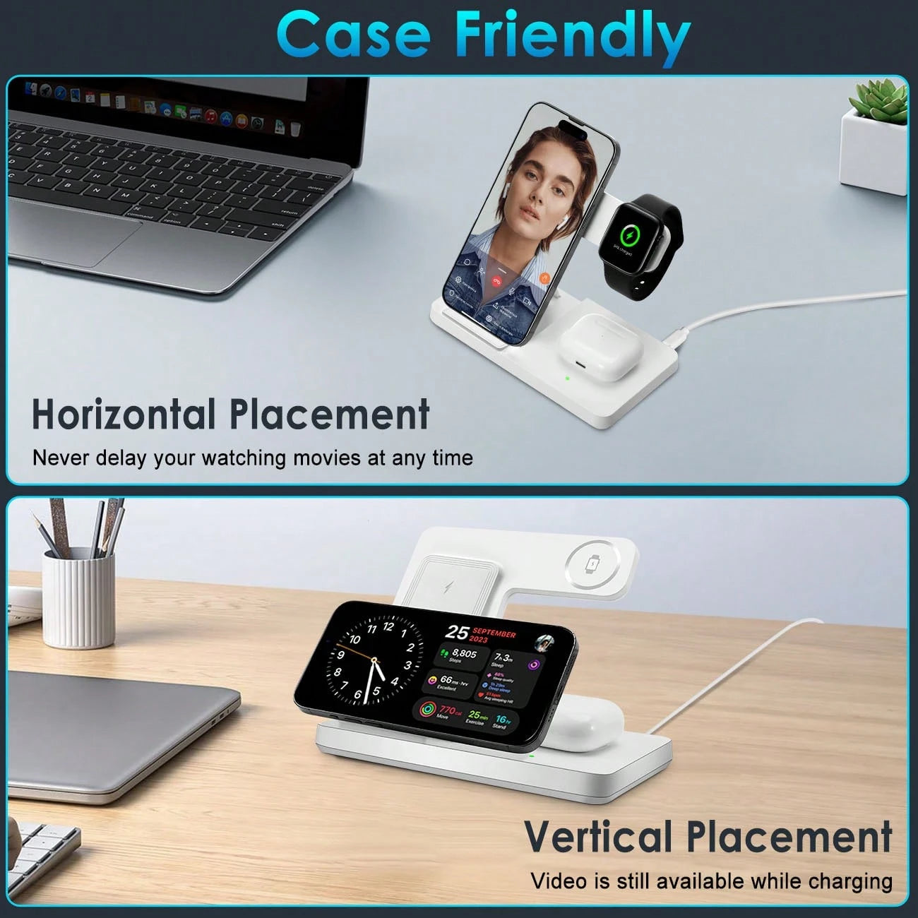 Fast Charging 3-In-1 Wireless Charging Stand, 15W Wireless Charger 3-In-1 Wireless Charging Stand, Fast Charging Dock Compatible With IPhone 17/16/15/14/13/12/11/Pro/Max/XS/XR/X/8/Plus, 11/10/9/8/7/6