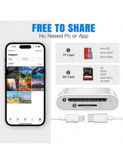 Fast Charging SD Card Reader With Dual Slots Compatible With Iphone/ Camera, Supports SD And TF Cards, Camera Viewer, Portable SD Card Adapter Compatible With IPhone 17/16/15/14/13/12/11/XS/XR, Series