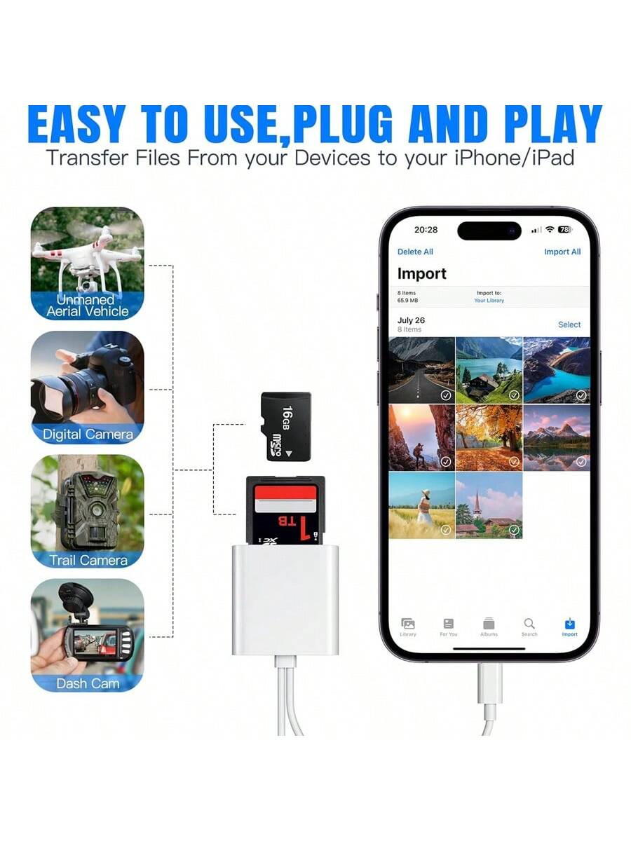 Fast Charging SD Card Reader With Dual Slots Compatible With Iphone/ Camera, Supports SD And TF Cards, Camera Viewer, Portable SD Card Adapter Compatible With IPhone 17/16/15/14/13/12/11/XS/XR, Series
