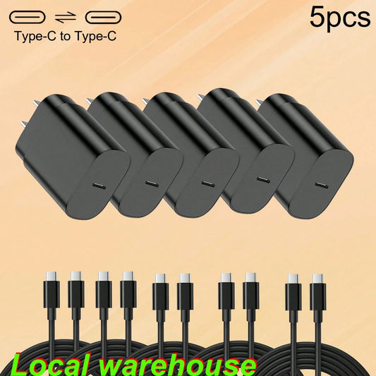 Fast Charging US Type A/B Plug (110-127V) 5-Pack Type-C Phone Charger – USB-C Wall Charger Plug & Cable Set – Chargers For Galaxy S25/S24/S23/S22/S21| Local Warehouse Memorial Day Summer Kickoff