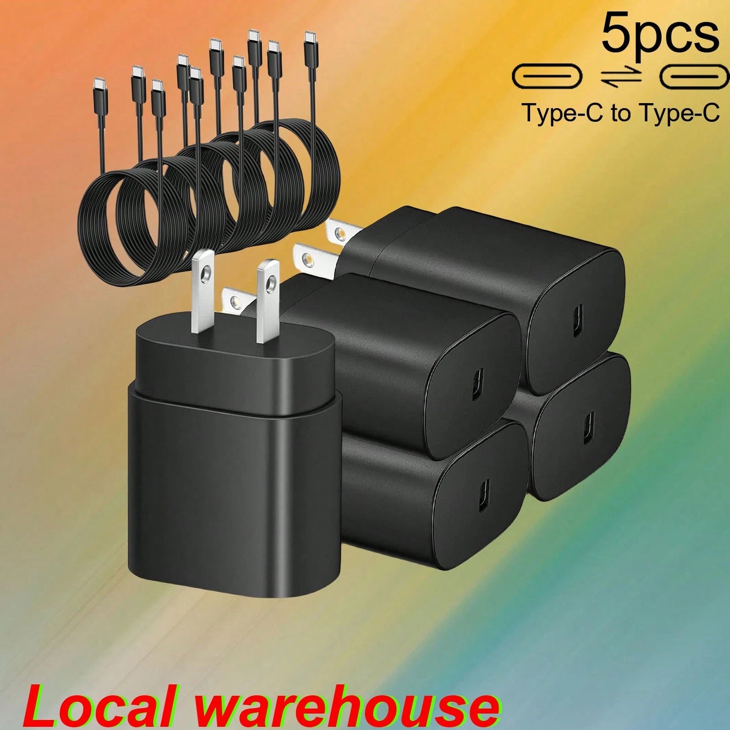 Fast Charging US Type A/B Plug (110-127V) 5-Pack Type-C Phone Charger – USB-C Wall Charger Plug & Cable Set – Chargers For Galaxy S25/S24/S23/S22/S21| Local Warehouse Memorial Day Summer Kickoff