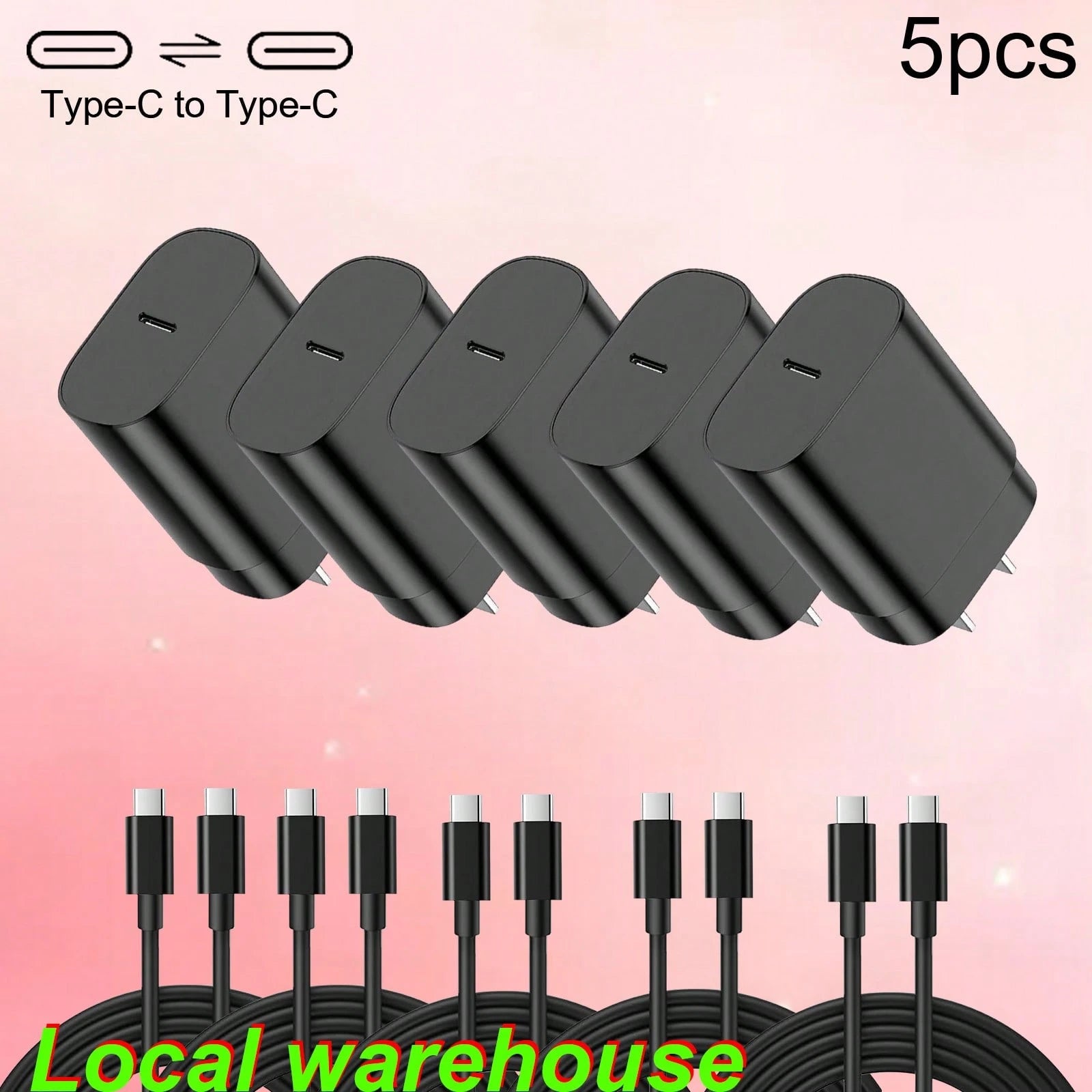 Fast Charging US Type A/B Plug (110-127V) 5-Pack Type-C Phone Charger – USB-C Wall Charger Plug & Cable Set – Chargers For Galaxy S25/S24/S23/S22/S21| Local Warehouse Memorial Day Summer Kickoff
