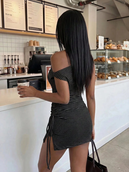 FavEase Women's Striped Sexy Off-Shoulder Casual Dress YK2
