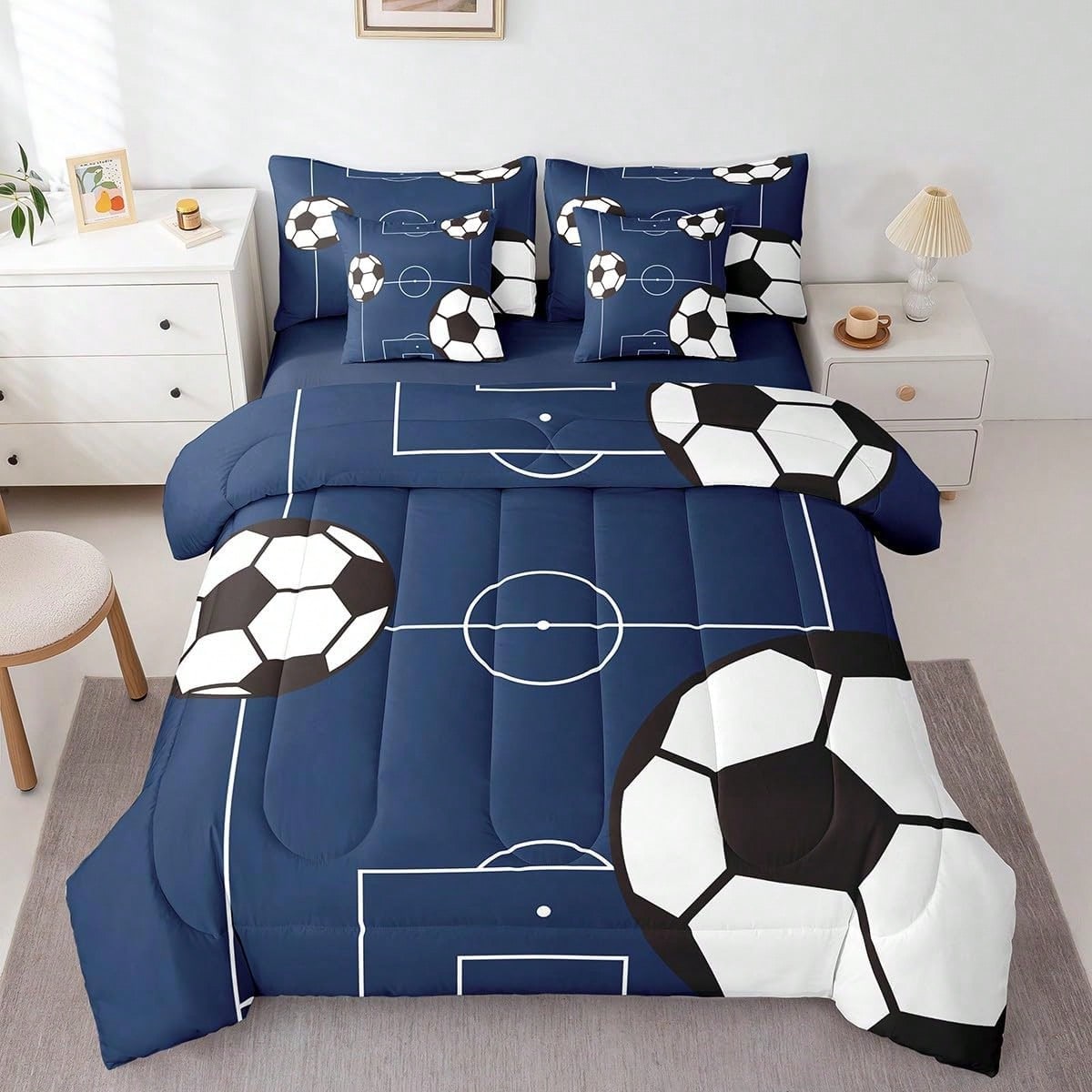 Feelyou 7pcs Football Comforter Set,Soccer Ball Pattern Bedding Set,Include 1 Comforter+1 Flat Sheet+1 Fitted Sheet+2 Pillowcases+2 Pillowsham,For Twin,Full,King,Queen Bed Sizes,Bed In A Bag,Super Sof
