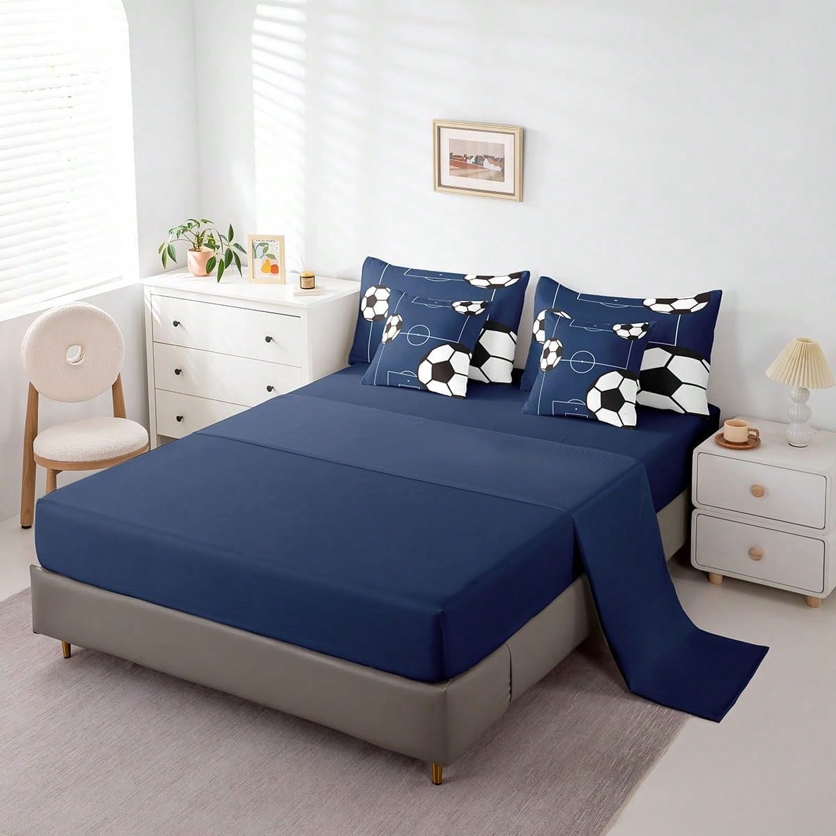 Feelyou 7pcs Football Comforter Set,Soccer Ball Pattern Bedding Set,Include 1 Comforter+1 Flat Sheet+1 Fitted Sheet+2 Pillowcases+2 Pillowsham,For Twin,Full,King,Queen Bed Sizes,Bed In A Bag,Super Sof