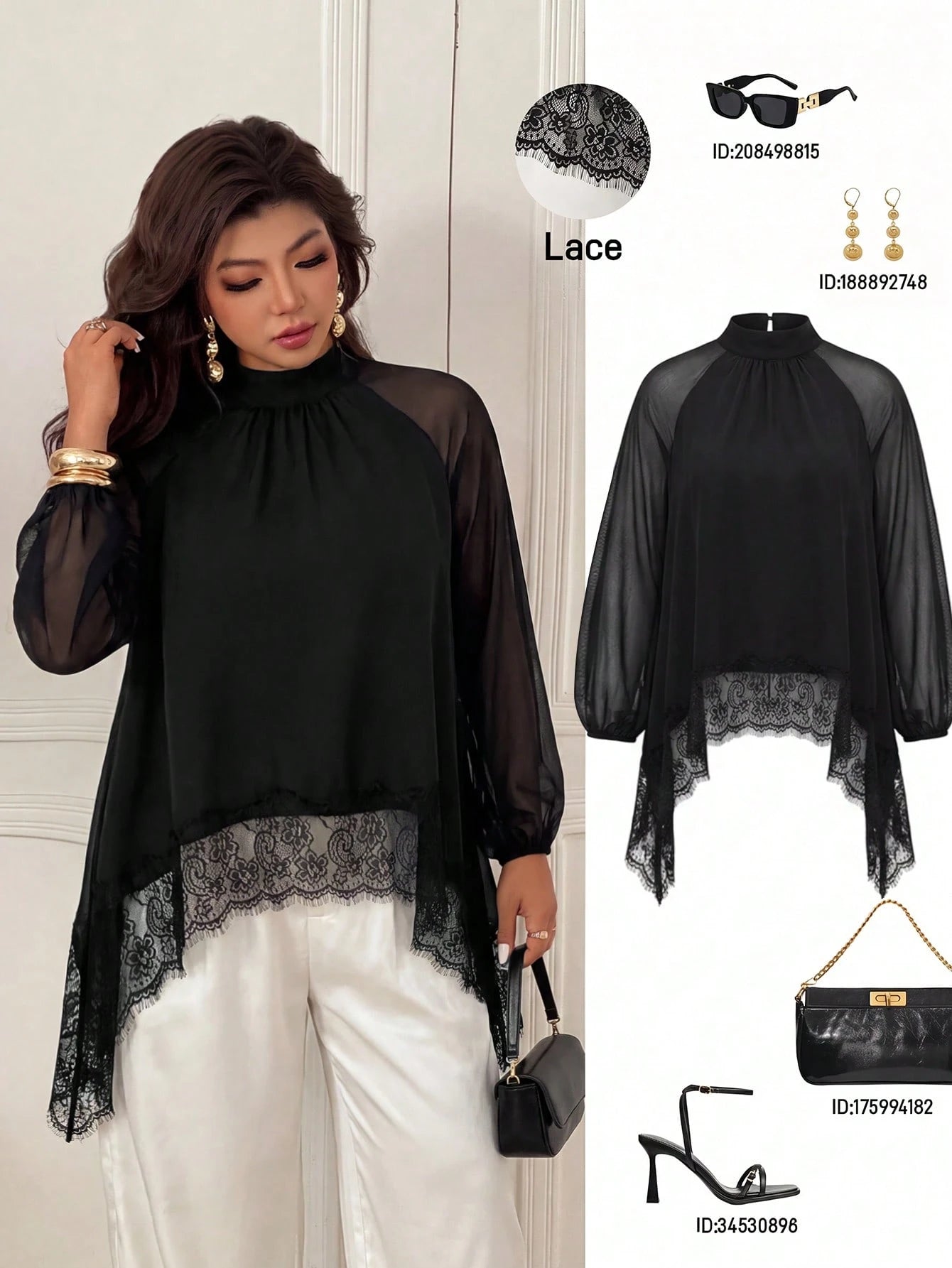 Femmeverse Plus Size Women's Fashion Elegant Scarf Collar Ruched Raglan Long Sleeve Contrast Lace Trim Solid Color Blouse, Suitable For Spring And Summer Wear