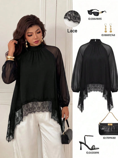 Femmeverse Plus Size Women's Fashion Elegant Scarf Collar Ruched Raglan Long Sleeve Contrast Lace Trim Solid Color Blouse, Suitable For Spring And Summer Wear