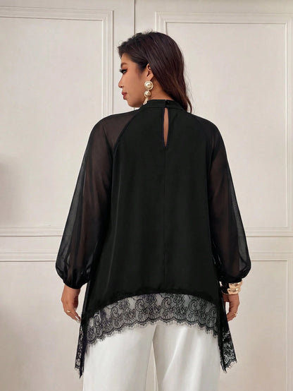 Femmeverse Plus Size Women's Fashion Elegant Scarf Collar Ruched Raglan Long Sleeve Contrast Lace Trim Solid Color Blouse, Suitable For Spring And Summer Wear