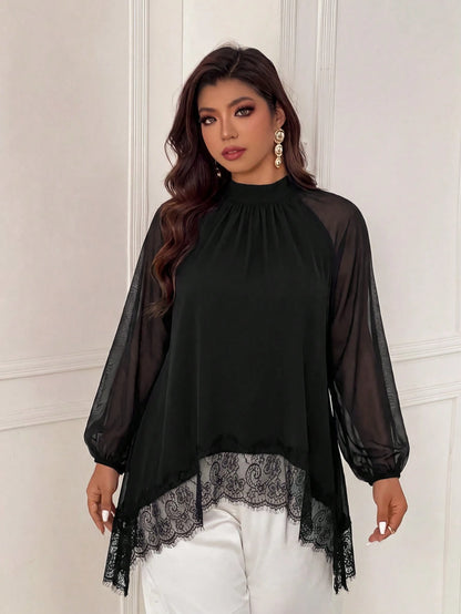 Femmeverse Plus Size Women's Fashion Elegant Scarf Collar Ruched Raglan Long Sleeve Contrast Lace Trim Solid Color Blouse, Suitable For Spring And Summer Wear