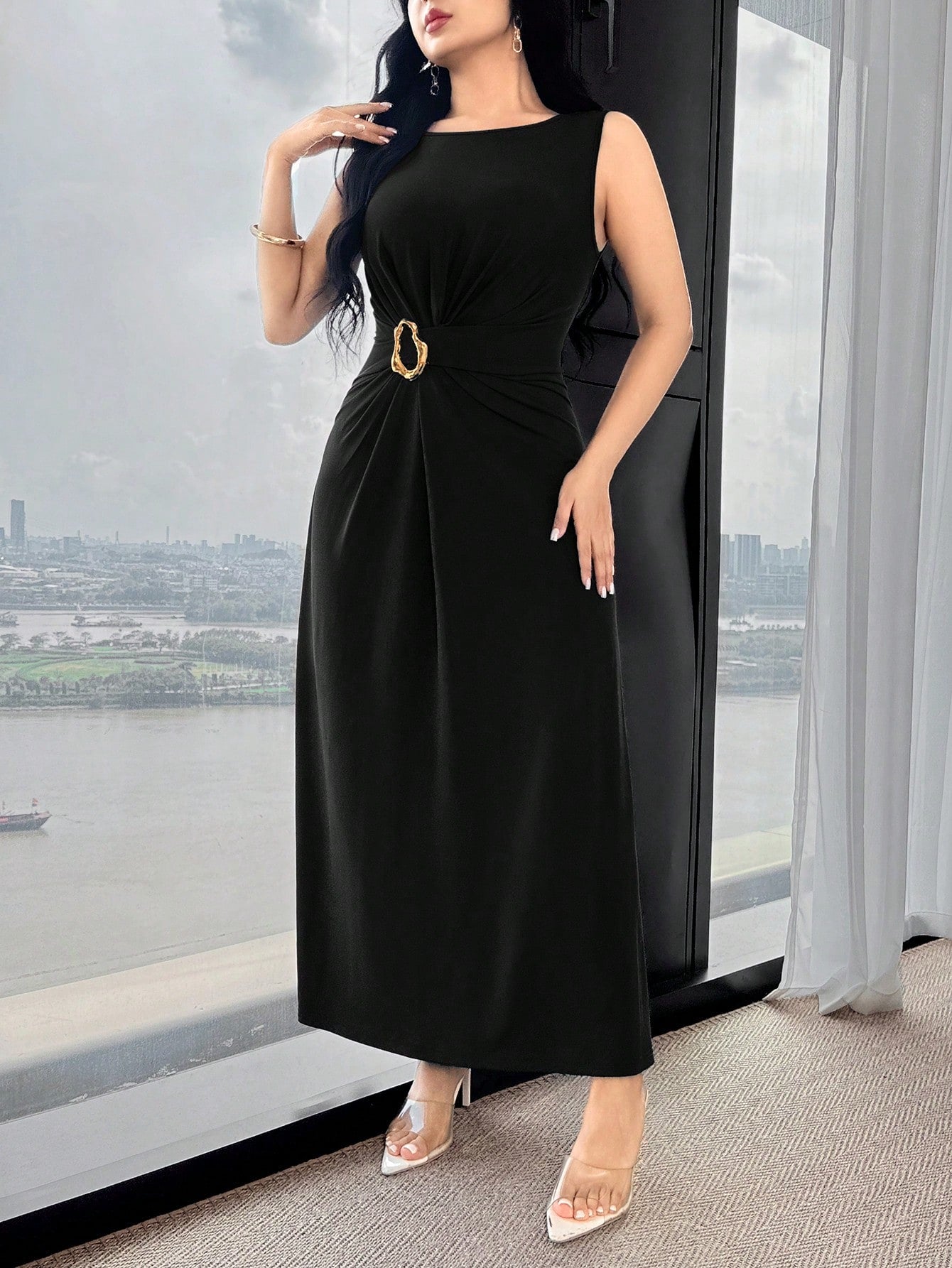 Feyla Waist Ruched, Metal Decor Button, Cinched Waist, Elegant Cocktail Party & Work Versatile Dress