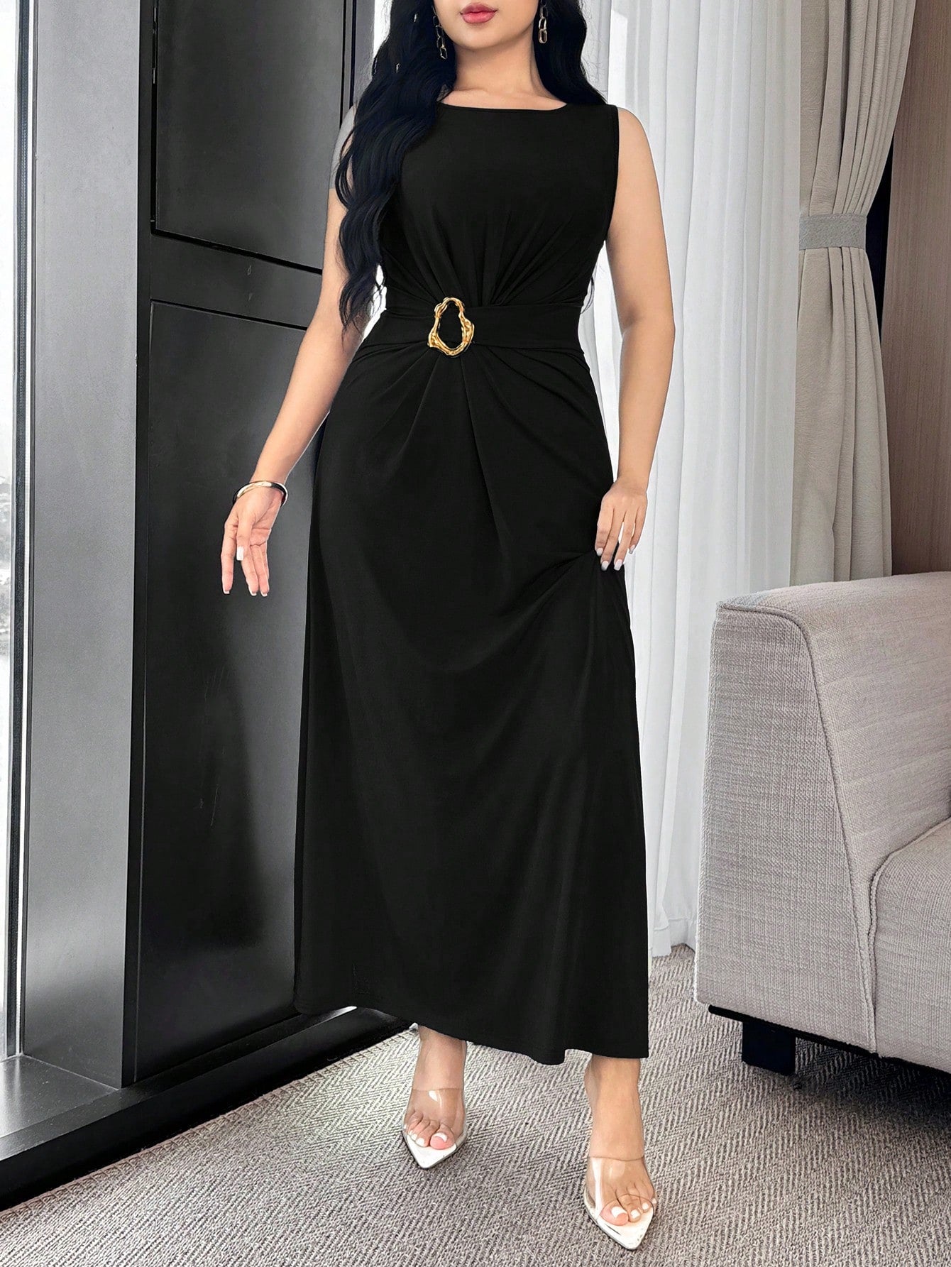 Feyla Waist Ruched, Metal Decor Button, Cinched Waist, Elegant Cocktail Party & Work Versatile Dress
