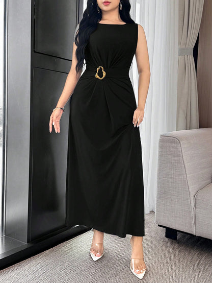 Feyla Waist Ruched, Metal Decor Button, Cinched Waist, Elegant Cocktail Party & Work Versatile Dress