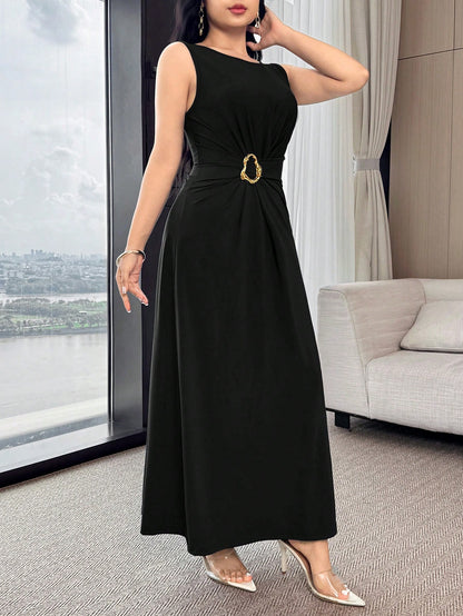 Feyla Waist Ruched, Metal Decor Button, Cinched Waist, Elegant Cocktail Party & Work Versatile Dress