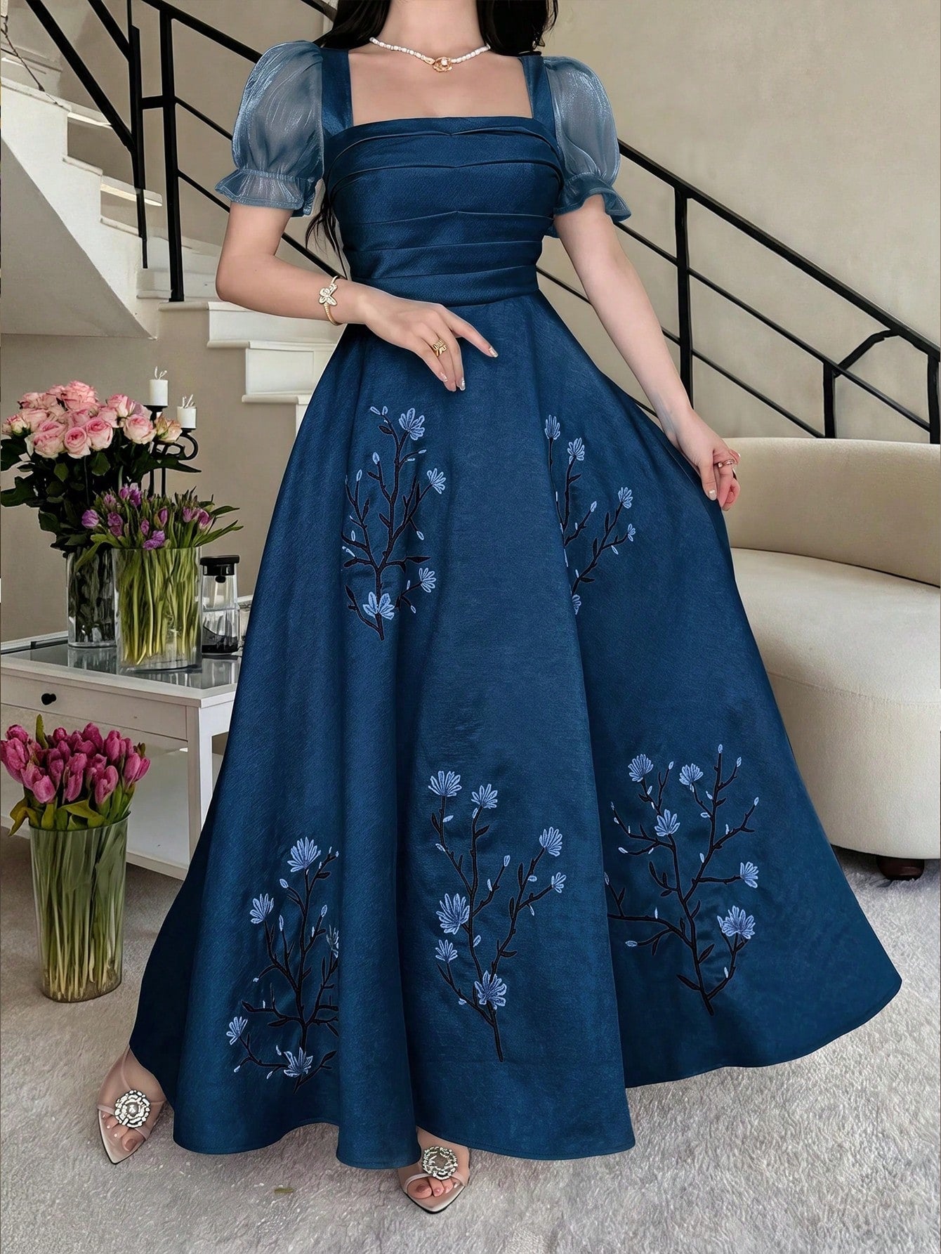 Feyla Women Elegant Long Dress Square Neck Puff Sleeve Floral Embroidered Blue A-Line Maxi Gown