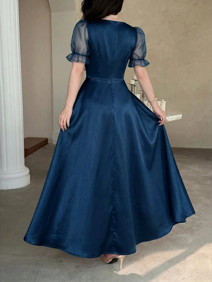 Feyla Women Elegant Long Dress Square Neck Puff Sleeve Floral Embroidered Blue A-Line Maxi Gown