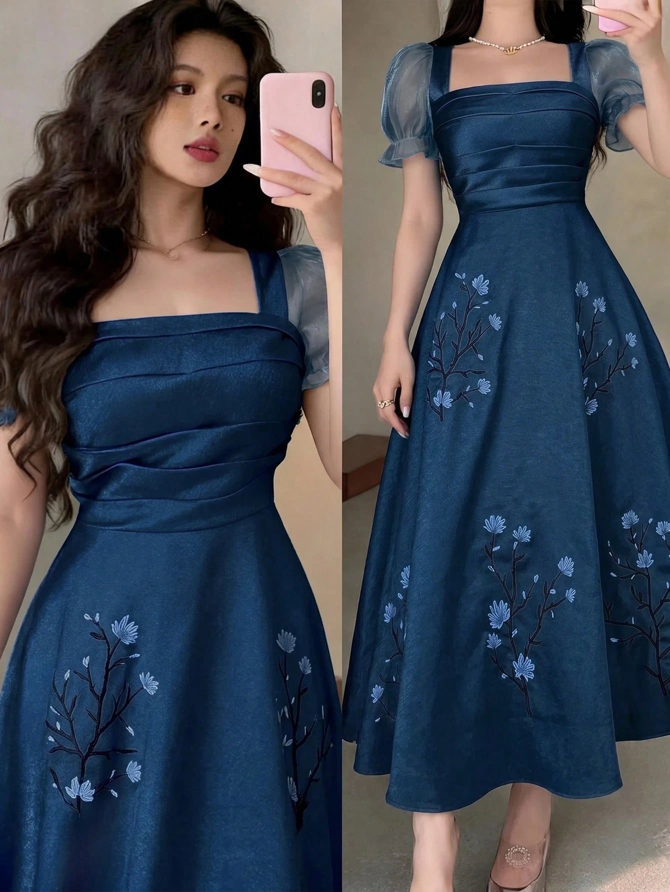 Feyla Women Elegant Long Dress Square Neck Puff Sleeve Floral Embroidered Blue A-Line Maxi Gown