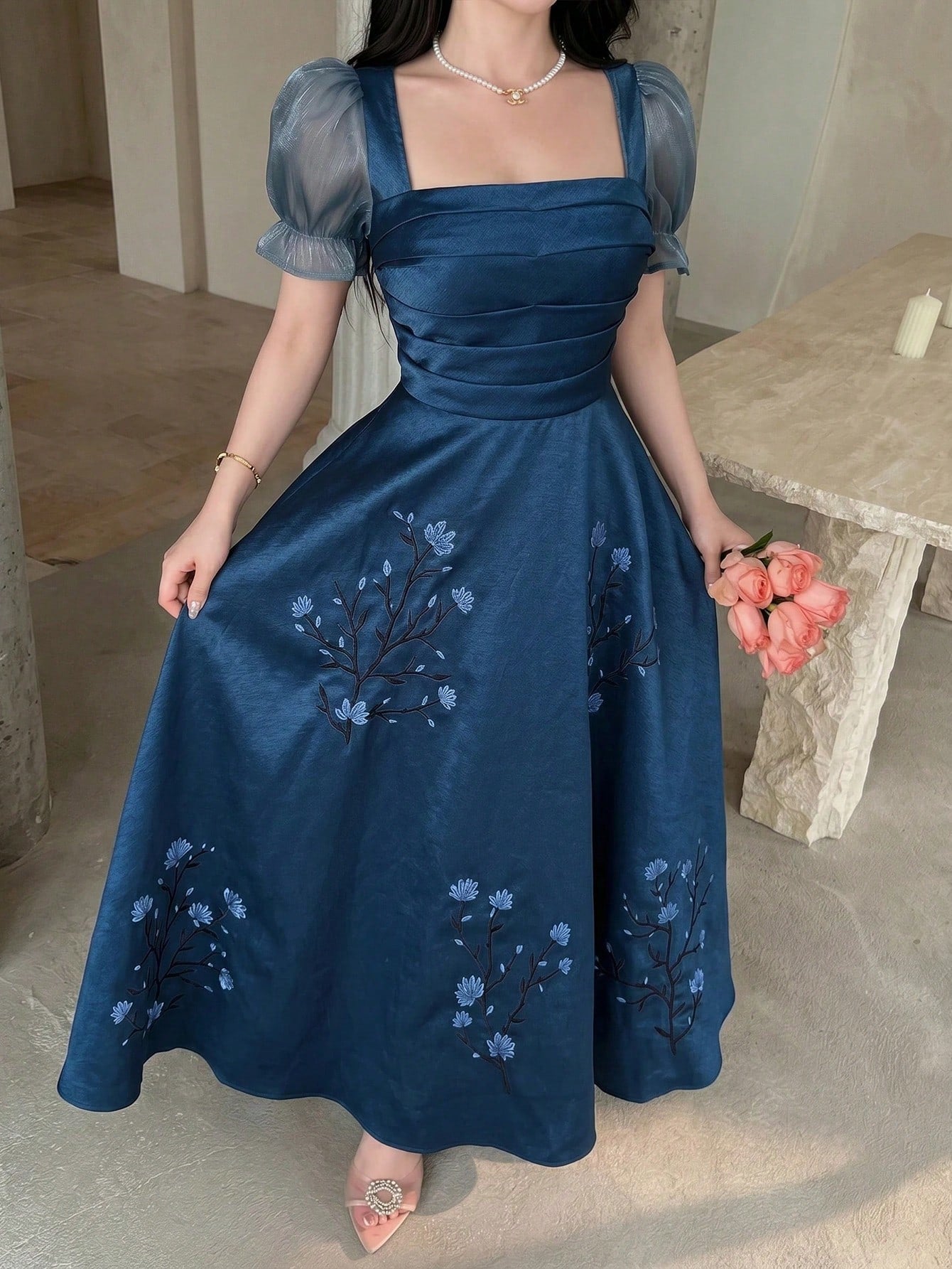 Feyla Women Elegant Long Dress Square Neck Puff Sleeve Floral Embroidered Blue A-Line Maxi Gown