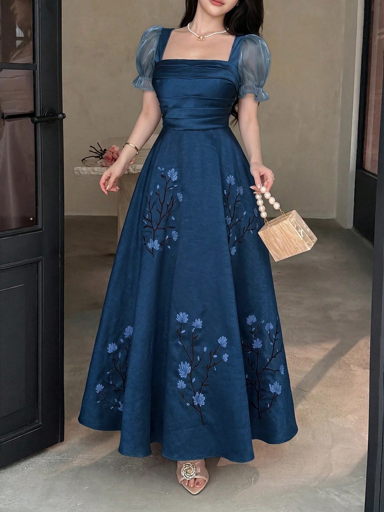 Feyla Women Elegant Long Dress Square Neck Puff Sleeve Floral Embroidered Blue A-Line Maxi Gown