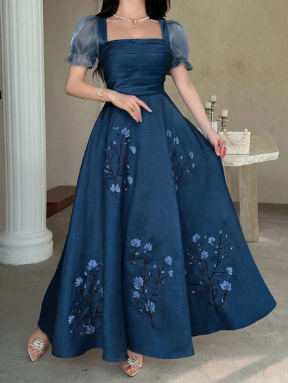 Feyla Women Elegant Long Dress Square Neck Puff Sleeve Floral Embroidered Blue A-Line Maxi Gown