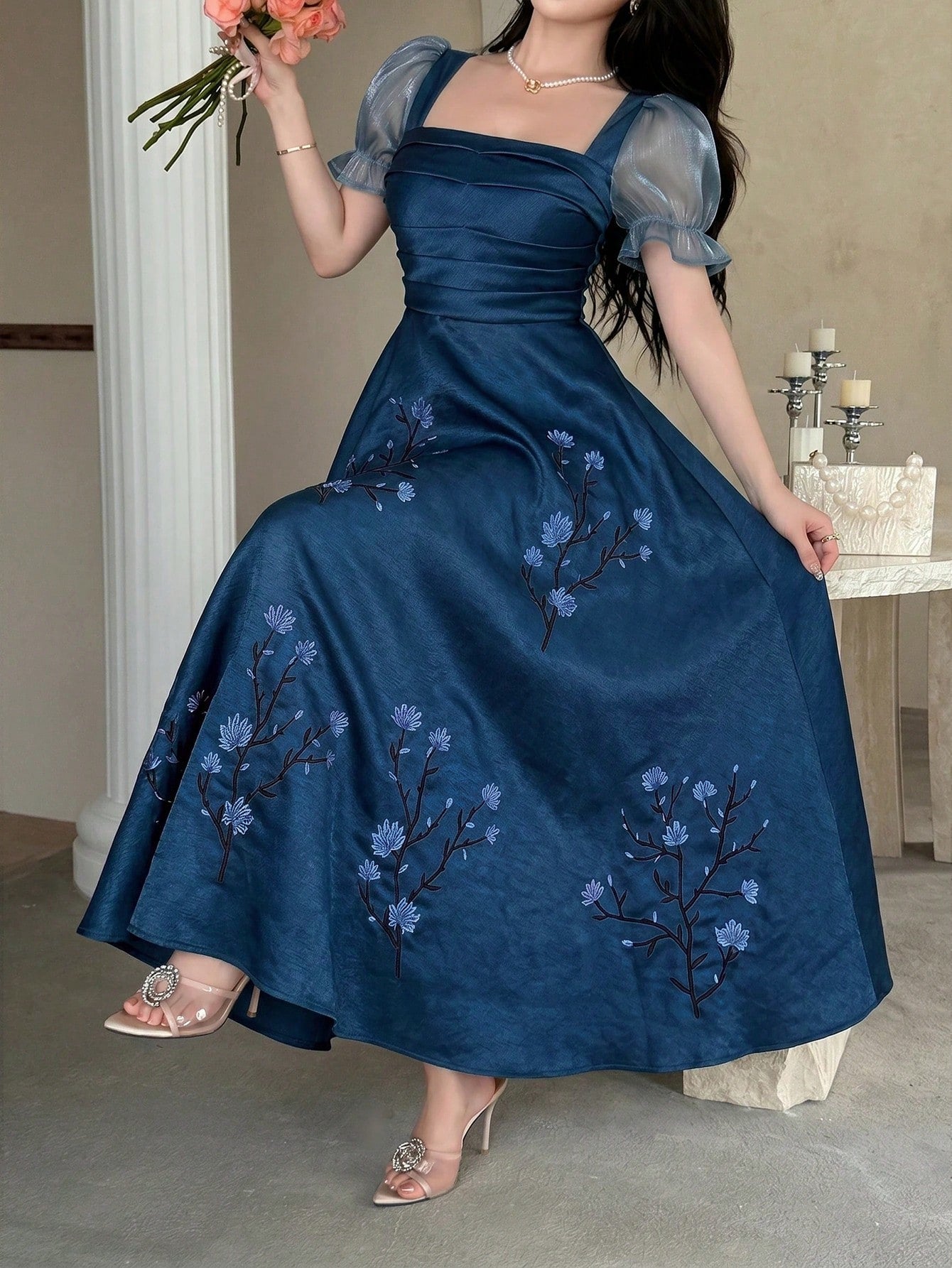 Feyla Women Elegant Long Dress Square Neck Puff Sleeve Floral Embroidered Blue A-Line Maxi Gown