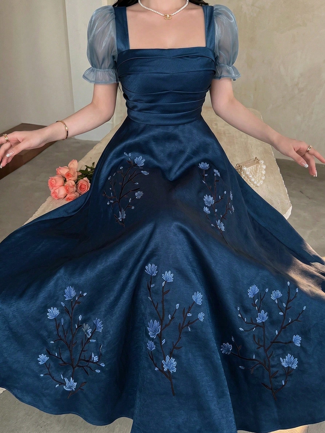 Feyla Women Elegant Long Dress Square Neck Puff Sleeve Floral Embroidered Blue A-Line Maxi Gown