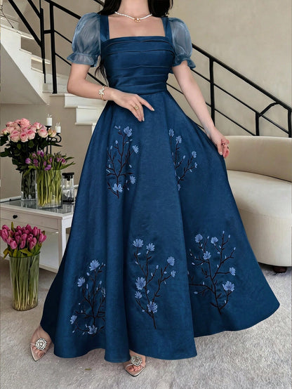 Feyla Women Elegant Long Dress Square Neck Puff Sleeve Floral Embroidered Blue A-Line Maxi Gown