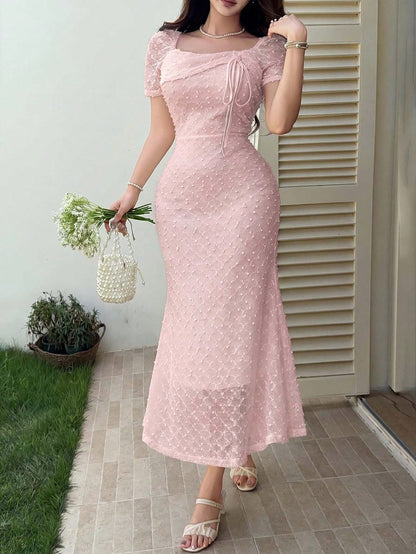 Feyla Women's Square Neck Short Sleeve Front Tie Fitted Elegant Midi Dress