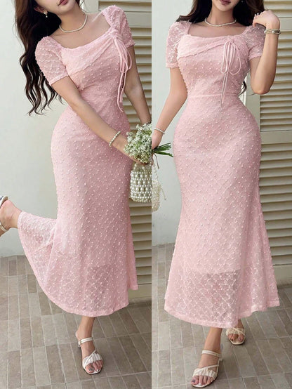 Feyla Women's Square Neck Short Sleeve Front Tie Fitted Elegant Midi Dress
