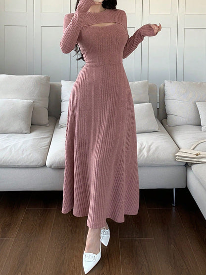 Feyla Women Solid Color Round Neck Long Sleeve Casual Mid-Length Dress Long Evening Dresses