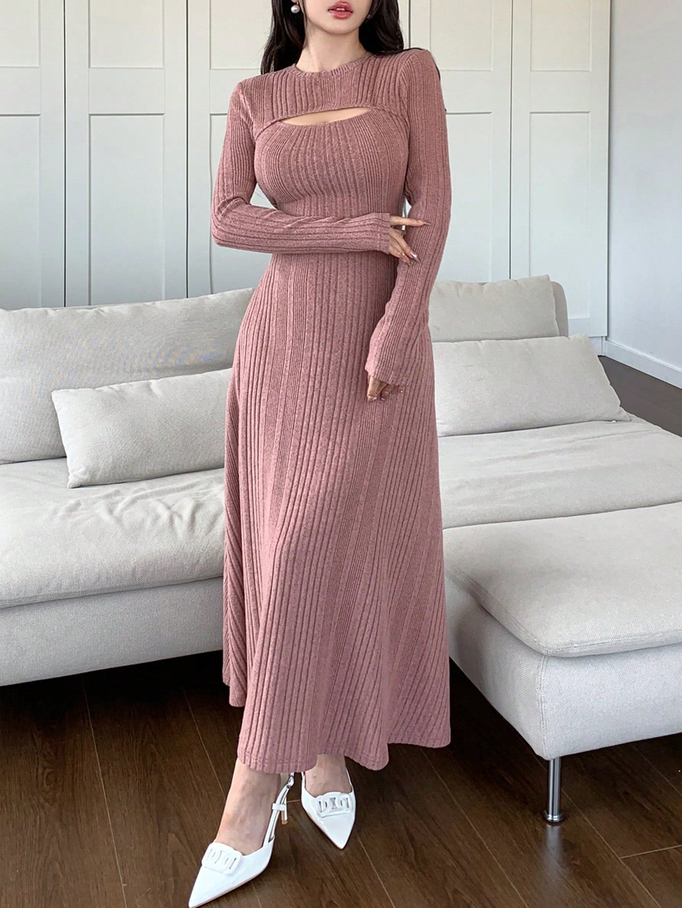 Feyla Women Solid Color Round Neck Long Sleeve Casual Mid-Length Dress Long Evening Dresses